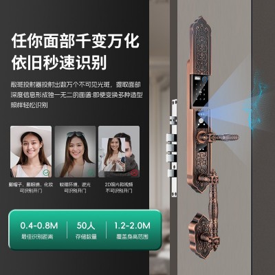 家用防盗门智能开锁全自动3D人脸识别指纹锁复古花纹中式别墅门锁图4