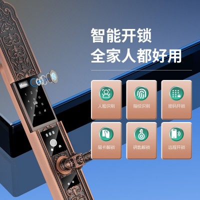 家用防盗门智能开锁全自动3D人脸识别指纹锁复古花纹中式别墅门锁图3
