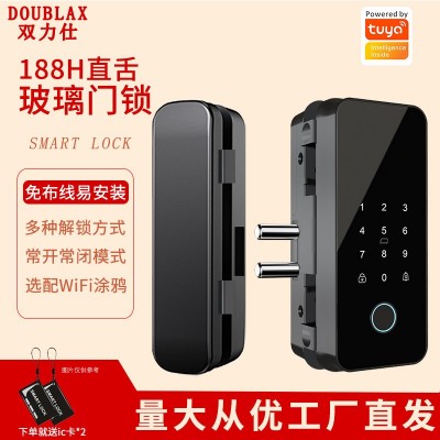 玻璃门锁办公室指纹锁密码锁免开孔单双开智能锁纯玻璃门禁锁批发图1