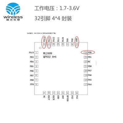 2.4G无线收发芯片WL2409低功耗 内置32位M0核MCU 64Kflash 18个IO图3