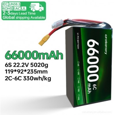 330wh/kg 批发 66000mah 6S//12S//18S 2C/6C 高能量密度固态锂聚合物电池，适用于重型无人机