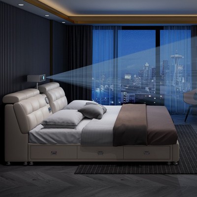 皮床小户型投影仪音响智能USB充电多功能床齐边储物卧室软床图3