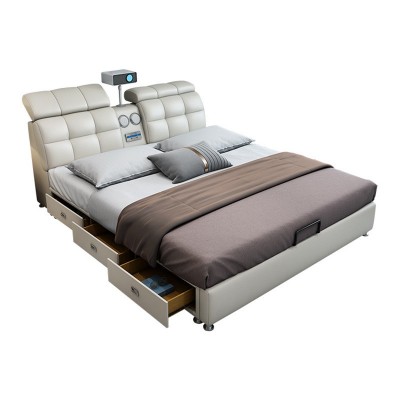 皮床小户型投影仪音响智能USB充电多功能床齐边储物卧室软床图4