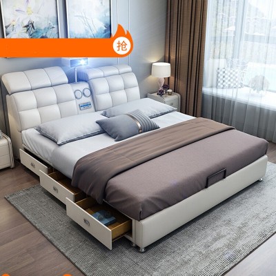 皮床小户型投影仪音响智能USB充电多功能床齐边储物卧室软床图2