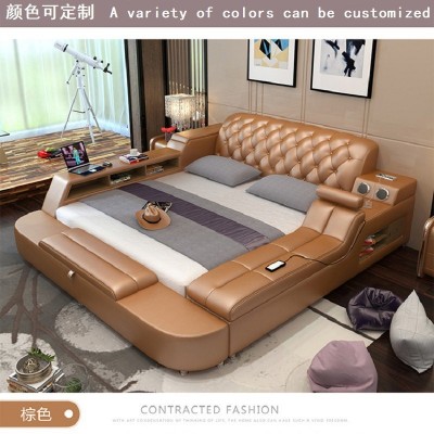 智能榻榻米真皮床1.8米双人婚床简约现代卧室家具 多功能皮艺软床