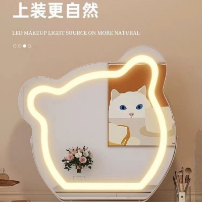 网红小熊化妆镜台式LED灯镜镜子桌面智能梳妆镜轻奢带灯梳妆台图4
