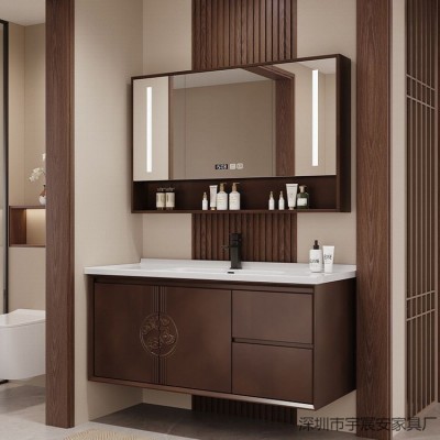 中式橡木陶瓷现代智能洗漱浴室柜组合陶瓷一体实木洗脸盆卫生间图2