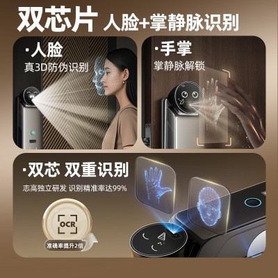 Ai人脸联动智能门锁3D人脸识别可视猫眼双屏小圆脸掌静脉监控对讲图2