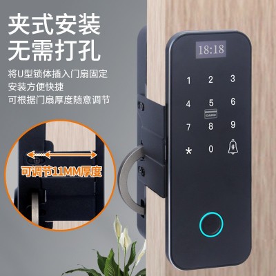 可调式办公室免开孔霸王钩有框无框玻璃门铝合金远程指纹锁图4