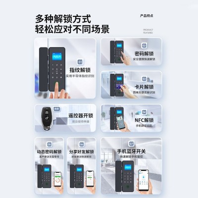 玻璃门指纹锁密码锁免开孔无框有框办公室商铺单双开门智能电子锁图5