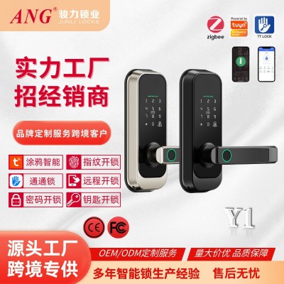 跨境美式免开孔单舌锁三杆锁智能锁球形锁密码锁涂鸦通通锁指纹锁