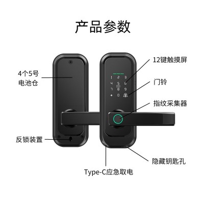 跨境美式免开孔单舌锁三杆锁智能锁球形锁密码锁涂鸦通通锁指纹锁图3