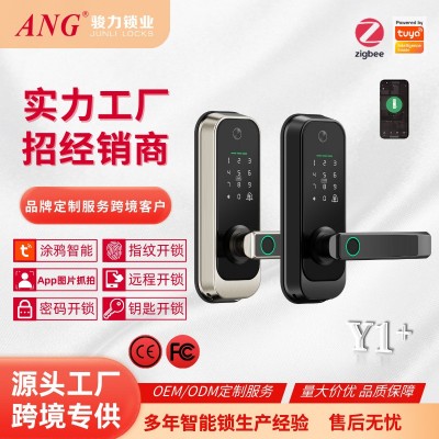 跨境欧美室内门锁房门锁三杆智能锁猫眼版木门指纹锁涂鸦密码锁